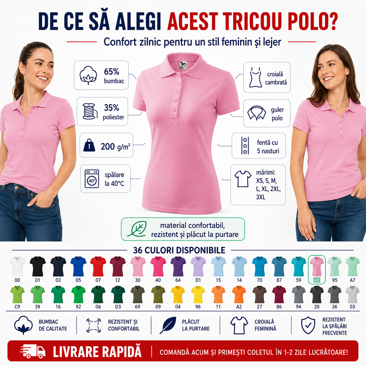 Tricou polo damă Malfini 210 Pique roz cu beneficii, 65% bumbac, 35% poliester, croială cambrată și 36 culori disponibile